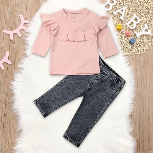 Kid Girl Clothes детская одежда Fashion Autumn 2pcs Toddler Baby Kids Solid Floral Pullover Tops+Jeans Pants Outfits Sets Free S