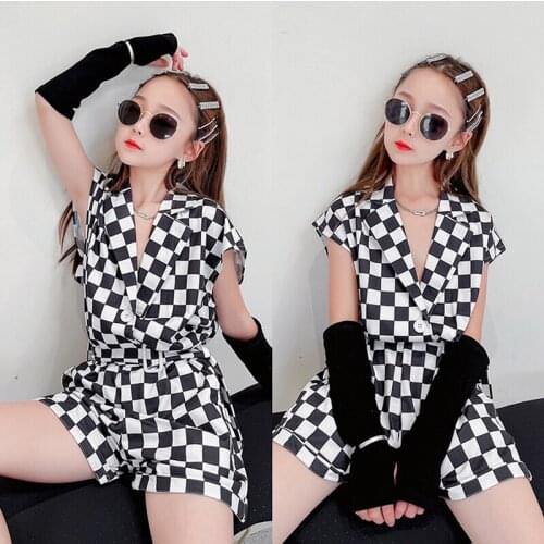 2021 Jazz Dance Costumes Girls Plaid Jumpsuit Children Hip Hop Clothes Ballroom Practice Clothes Street Dance Outfits DQS7708