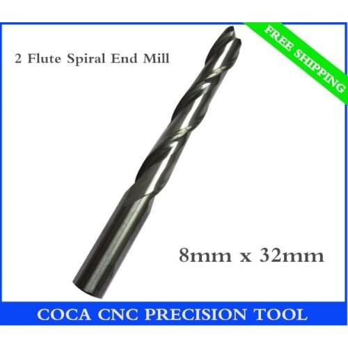 8mm*32mm,Freeshipping CNC Solid carbide woodworking insert router bit,Tungsten end mill,2 flute Spiral end milling,MDF,acrylic