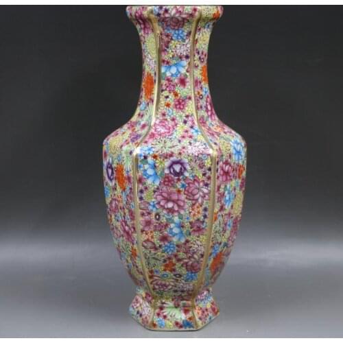 Jingdezhen Antique Qianlong Year Mark Enamel Golden Hexagonal flowers vase antique porcelain collection