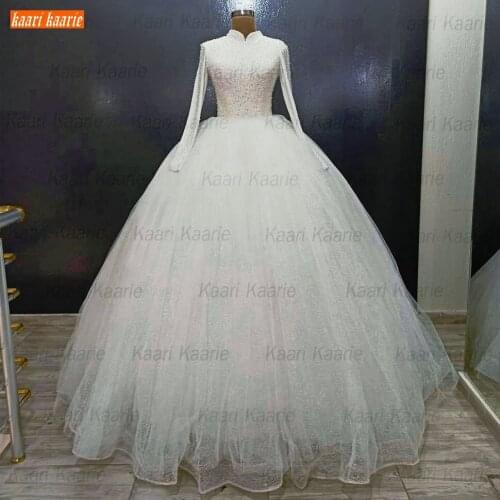 Arabian Crystal Wedding Gowns Long Sleeves Hige Neck vestido de noiva 2021 Sparkly Beaded Bridal Dresses Women vestido casamento