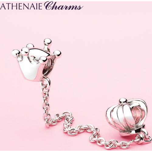 ATHENAIE 925 Sterling Silver Princess Or Queen Crown Safety Chain Charms Fit European Bracelets