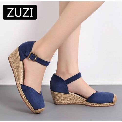ZUZI 2021 Time-limited Promotion Genuine Ankle-wrap Sandals Sapatos Mulher Sandals Wedge Heel Shoes for Closed Toe Wedges Ladies