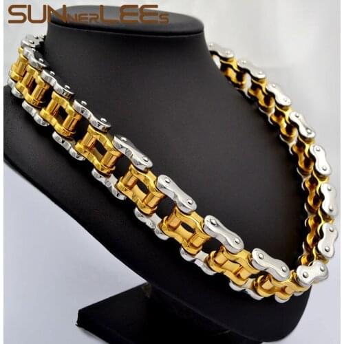 SUNNERLEES 316L Stainless Steel Necklace Huge Biker Bicycle Motorcycle Link Chain Gold Silver Color Men Boy BC01