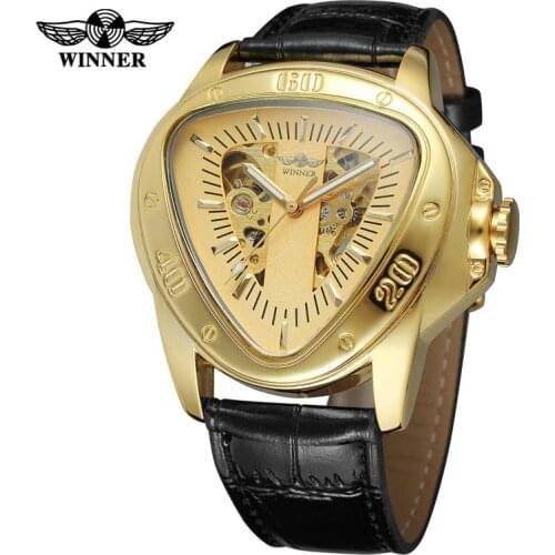 Winner Brand Hollow Automatic Mechanical Men Watch Racing Sports Design Triangle Dial Skeleton Wristwatch Luxury Golden Black