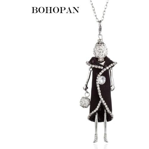 Black White Dress Doll Necklace Women Crystal Handbag Pendant Necklace Girl Winter Sweater Chain Party Gift Jewelry Accessories