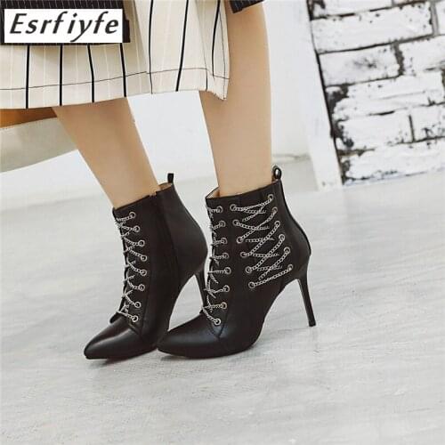 ESRFIYFE 2020 New Pointed Toe Stiletto High Heels Punk Ankle Boots Woman Short Plush Cross Tied Metal Decoration Shoes Female