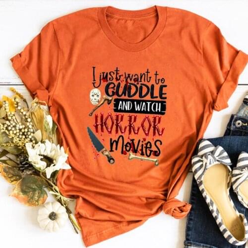 Cuddle and Watch Horror Movies Shirt Gothic Women Clothing 2021 Halloween Party Aesthetic Tops Spooky Tshirt Vintage Tee L