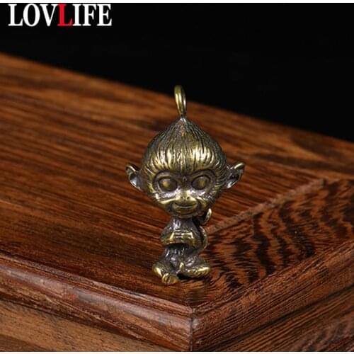 Brass Cute Zodiac Monkey Keychain Pendant Vintage Copper Catoon Animal Figurine Car Key Chains Hanging Charms Child Keyring Gift