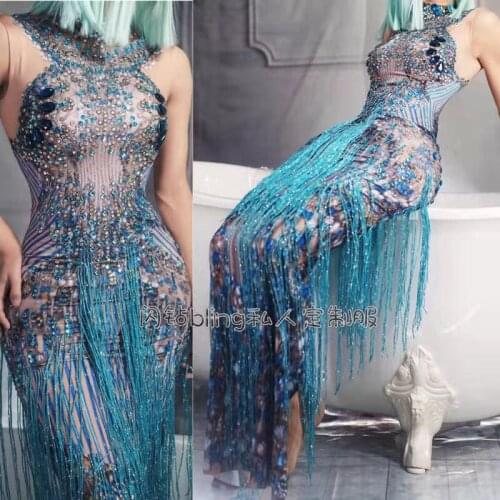 Fashion new Crystals Rhinestone Party Long Dress Women Sleeveless Tassel Club Dress Blue Sexy Jazz Singer Dancer Stage Costume