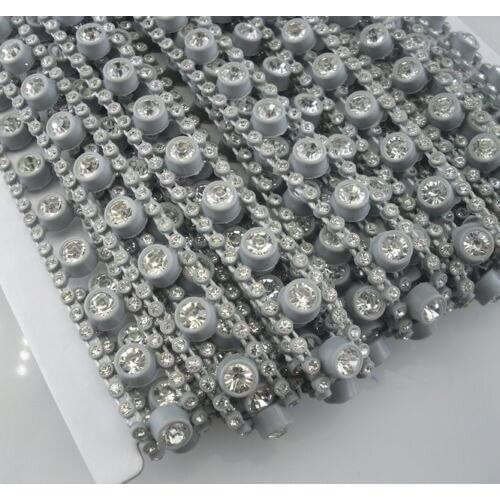 Diy Fashion apparel applique decoration 3 row A Grade clear Crystal glass Rhinestones gray plastic cup banding chain 10yard #100