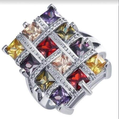 Fashion Vintage Colorful CZ Zircon Stone Rings for Women Square Luxury Red Purple Yellow Pink Green Wedding Ring Jewelry
