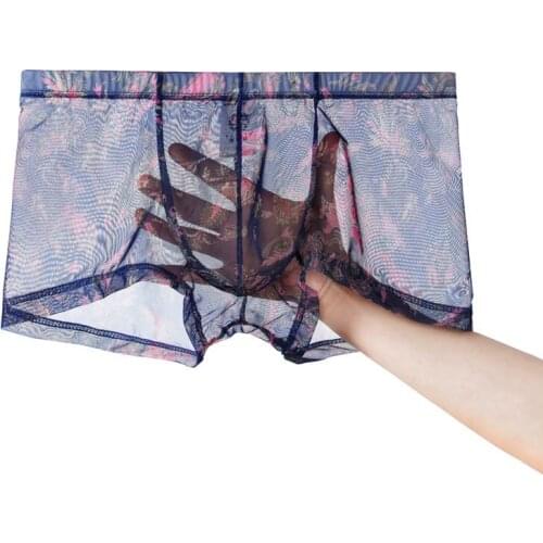 Mens Boho Boxer Shorts Printing Underwear Lingerie Sexy Sheer Mesh Bulge Pouch Boxers Transparent U Convex Bottoms Male Cueca