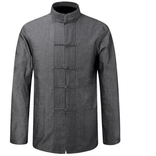 Cotton Men Tang Suit Long Sleeve Shirt Solid Kung Fu Tai Chi Uniform Chinese Style Tang Top Male Jacket Casual Top Coat S-4XL