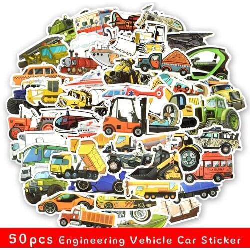 50pcs Engineering Vehicle Car Sticker Cute Bus Truck Motorcycle Stickers for Kids Toy Travel Trolley Suitcase Laptop Skateboard
