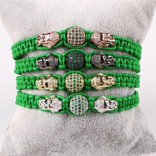 New Fashion CZ Micro Pave Ball Brass Buddha Head Charm Cord Braided Macrame Bracelet Women Men