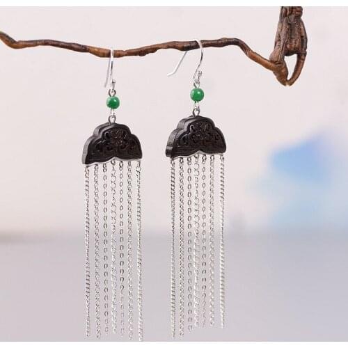 S925 silver earrings female fashion temperament woodwork ebony long tassels eardrop wholesale