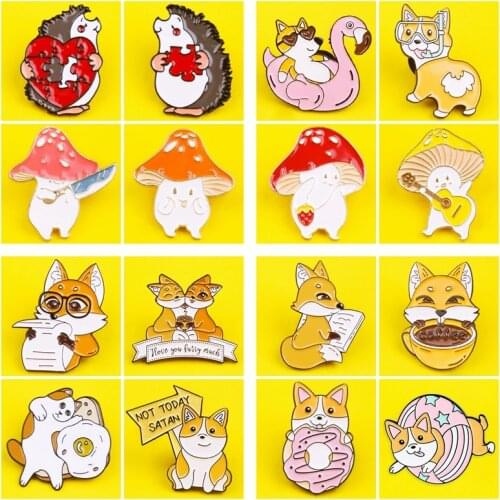 Lovely Yellow Dog Pin Custom Cartoon Mushroom Hedgehog Fox Brooches Bag Lapel Pin Badge Plant Jewelry Gift For Kids Friends