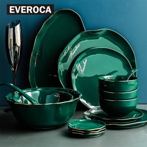 Dark Green Tableware Ins Creative Irregular Ceramic Plate Dish Lotus Leaf Plate Phnom Penh Bowl Household Porcelain Tableware