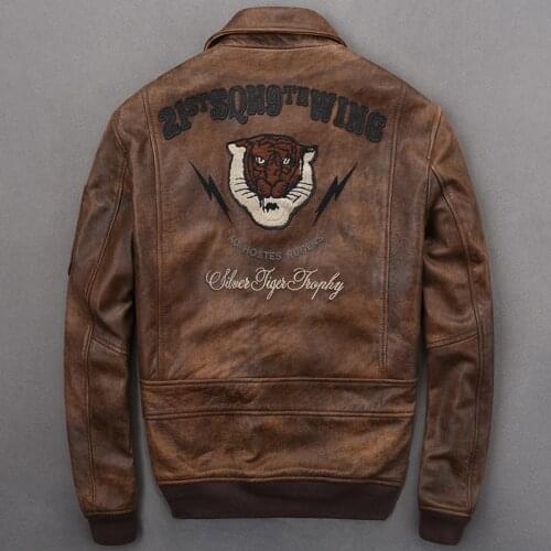 2020 Vintage Brown Embroidery Pilot Jacket Plus Size XXXXL Genuine Cowhide Autumn Slim Fit Military Aviator Leather Coat