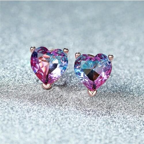 Vintage Rainbow Stone Colorful Double Earrings Cute Female Blue Purple Heart Stud Earrings Rose Gold Wedding Earrings For Women