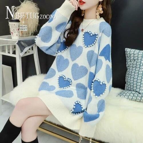 Knitting Lovely Heart Beading Women Sweater Pink Sky Blue Female Sweaters