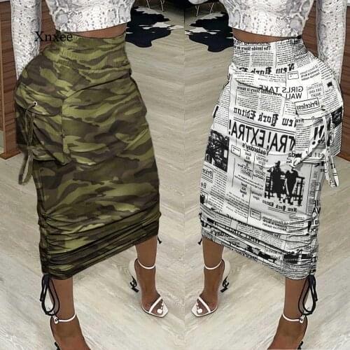Pencil Skirt Newspaper Camo Printing Stretch Women Bodycon Tube Womens Ladies Plus Size Long Skirts Autumn Spring Maxi Skirt