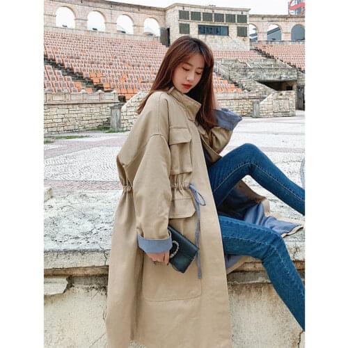 Stand Collar Windbreaker Female Denim Patchwork Drawstring Waist Pocket Long Coat 2019 Spring Autumn New Loose Outerwears f1153