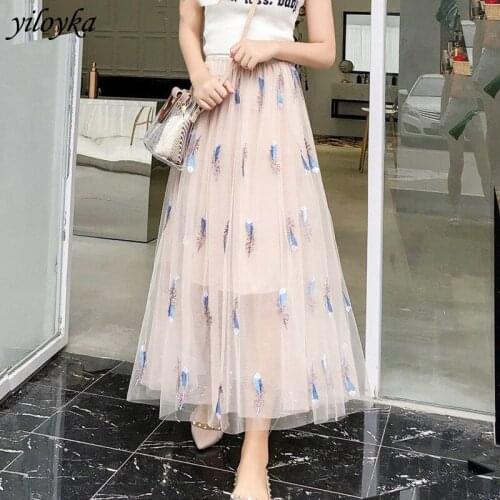 Summer Feather Embroidery Skirt 3 Layers Mesh Princess Tulle Skirts Womens Pleated A-line Saia Female Jupe Tutu Skirts Faldas