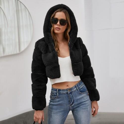 Faux-Fur Winter Warm Thick Jacket Women Autumn Winter Pocket Short Hooded Outwear Overcoat Elegant Loose Long Sleeve Coat
