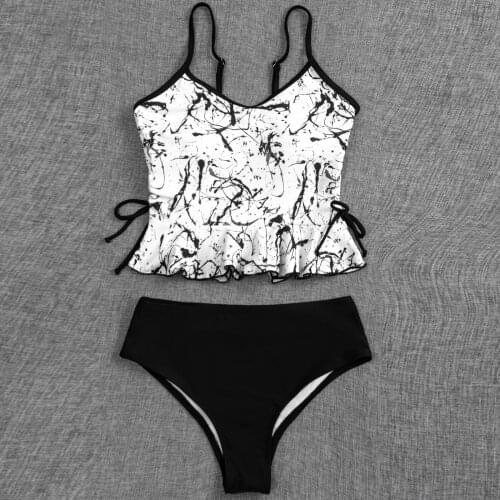2pcs Women Swimsuits Bikini Set Push-Up Padded Top High Waist Print Bandage Ruffle Sling Thong Swimwear Sexy Beachwear 2021