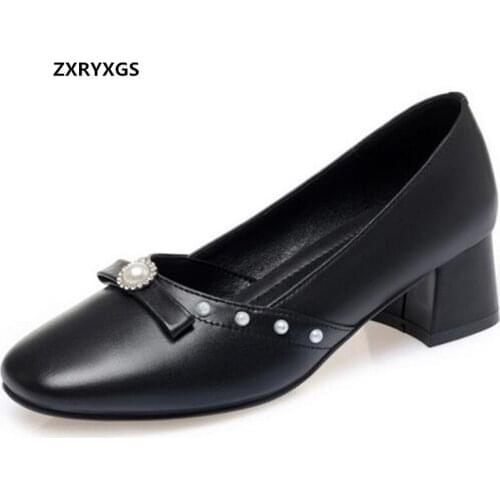2021 New Spring Classic Bowknot Pearl Rivet Square Head Genuine Leather Shoes Fashion High Heels Large Size Womens Shoes