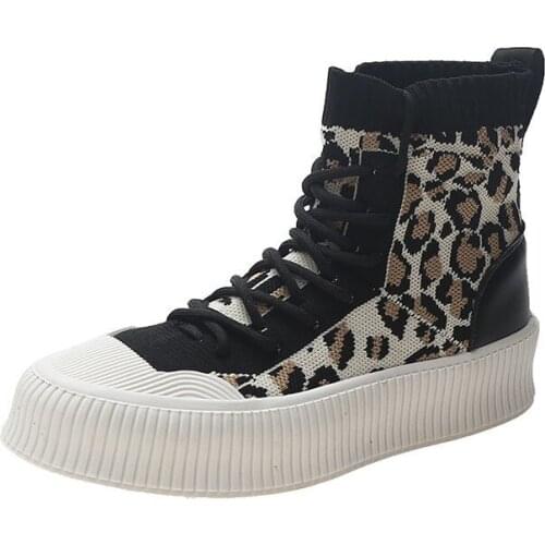 Genuine Leather Biscuit Shape Shoes Womens 2021 New Platform Leopard Print High-Top Women Ins Elastic Fabric Platform Shoes