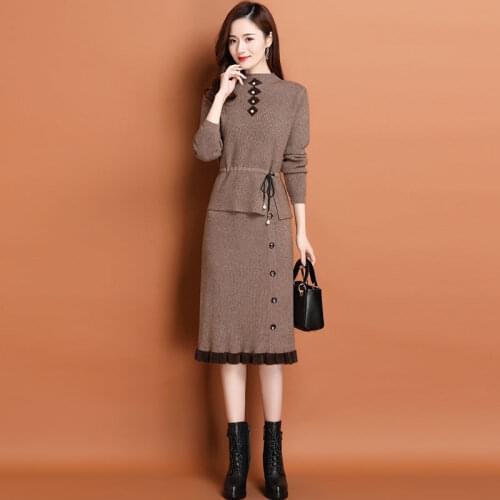 Women Office Knitted Skirt Suit 2020 Autumn solid color Lady high quality Sweater Top + Ruffles Midi Skirts Sets Two Pieces Set