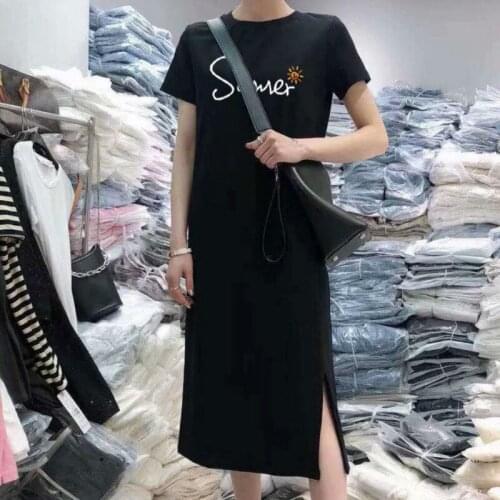 Oneimirry Letters Dress Women Solid Color Simple Tshirtdress 2021 Summer Loose Short Sleeve Print O-Neck Casual Dresses Clothes