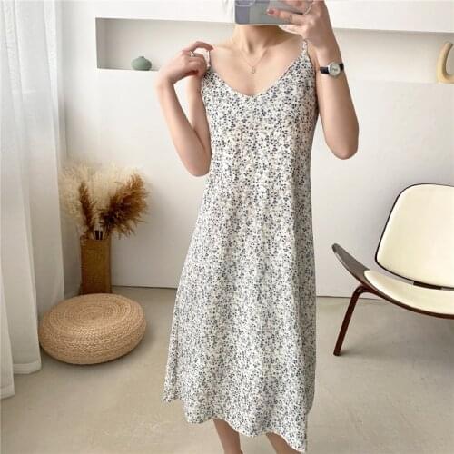Floral Spaghetti Straps Midi Dress 2021 Summer Sleeveless Backless Female V-neck A-Line Dress Vintage Casual Beach Holiday Dress