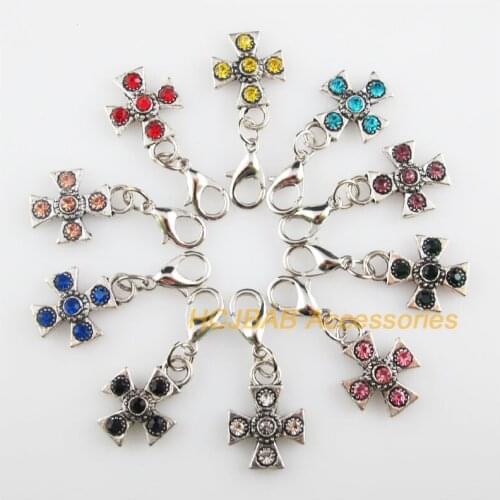 10 New Cross 13x18mm Charms Mixed Round Crystal Tibetan Silver Plated Retro With Lobster Claw Clasps