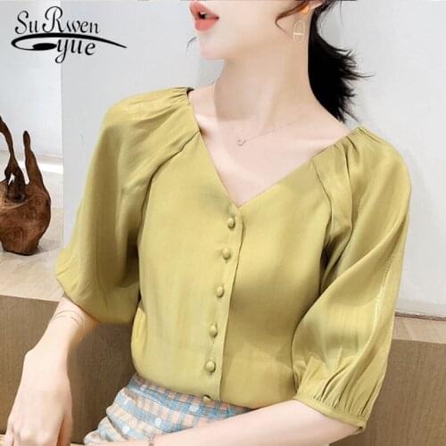 2021 Fashion Women Tops Casual Short Sleeve Women Chiffon Blouses V-neck Solid Lantern Sleeve Button Women Clothing 5384 50