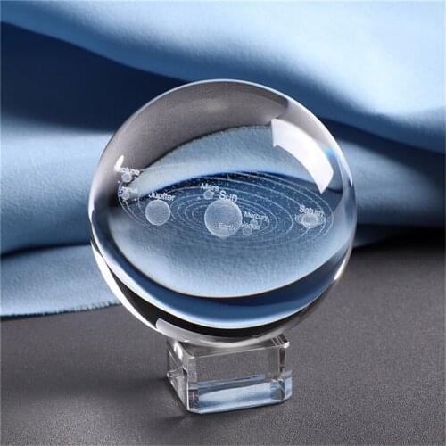 6CM Laser Engraved Solar System Ball 3D Miniature Planets Model Sphere Glass Crystal base Ornament Home Decor Gift