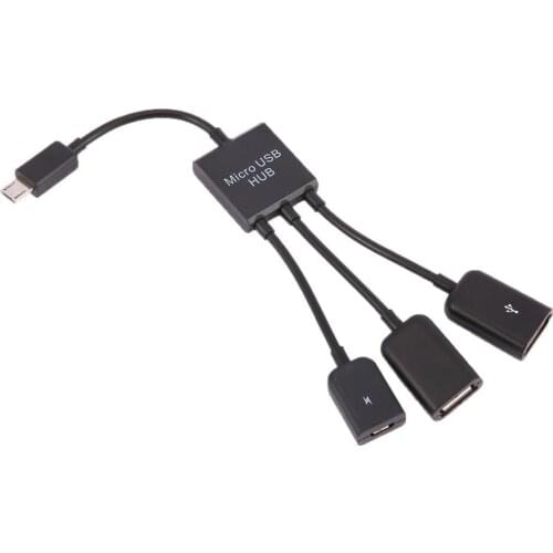 3 in 1 Micro USB HUB Male to Female Double USB 2.0 Host OTG Adapter Cable Converter Extender Universal For Mobile Phones Black