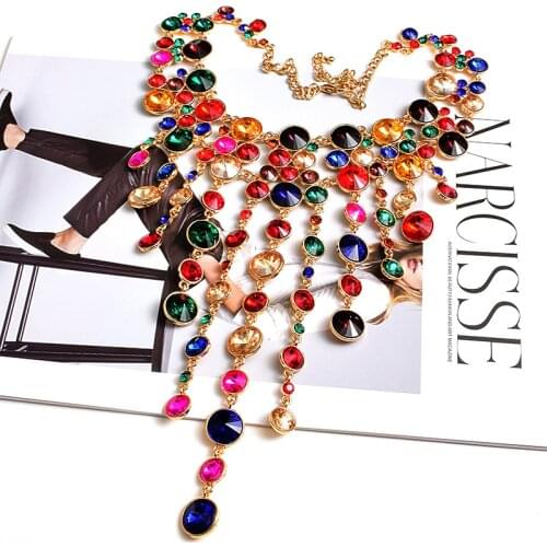 Bohemian Multicolored Rhinestone Big Long Chain Necklace Bridal Jewelry Crystal Retro Personality Party Wedding Accessories