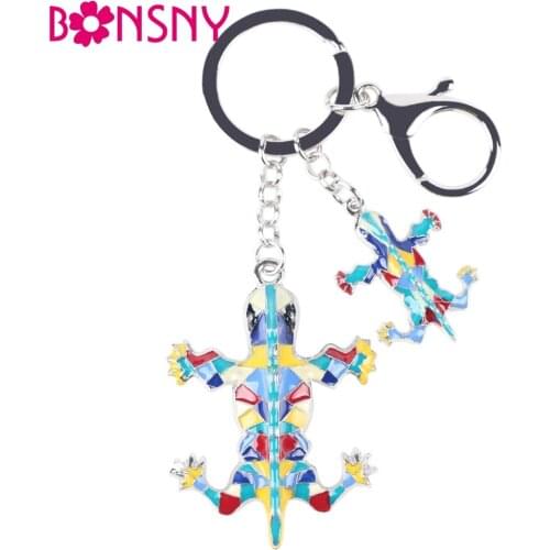 Bonsny 2016 Enamel Alloy Gecko Lizard Alloy Metal Key Chain Key Ring Pom Pom For Women Girl Bag Charm Keychain Pendant Jewelry