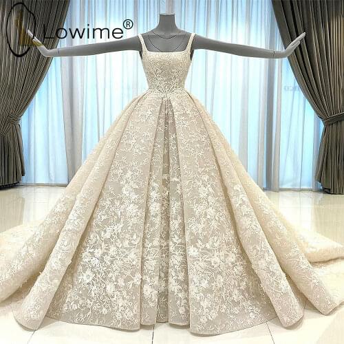 Dubai Champagne Lace Wedding Dresses A Line Square Neck Puffy Ruched Sexy Backless Bridal Gowns Vestido De Novias