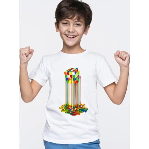 4-12 Yrs Children Clothes Rubiks Cube Series T Shirt O-neck Casual Tops & Tees Boys PersonalityCartoon Anime Tshirt 100% Cotto