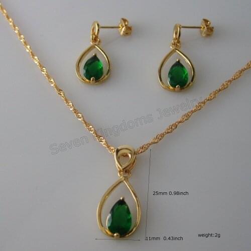 /MIN ORDER 10$ - - GOLD COLOR GREEN / BLUE / BLACK / ZIRCON STONE VIVID WATER DROP SHAPE PENDANT 18" NECKLACE EARRING SET