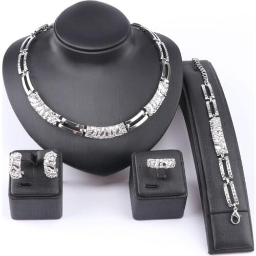 African Beads Jewelry Sets Silver Color Crystal Necklace Bracelet Earring Ring Jewelry Set Statement Accessories Set