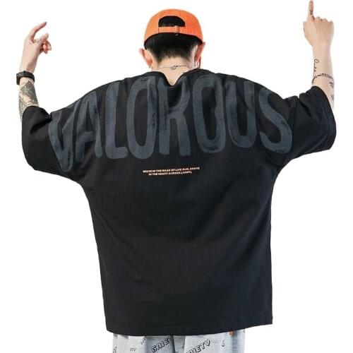 Summer new Japanese short-sleeved T-shirt mens tide brand cotton print hip-hop loose-shoulder five-sleeve t-shirt