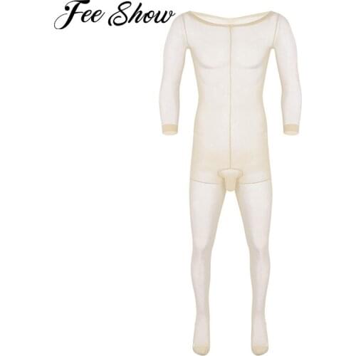Sissy Mens Adult Skinny Stretchy Body Stocking Transparent Lingerie Long Sleeves Closed Penis Sheath Full Body Pantyhose Hosiery