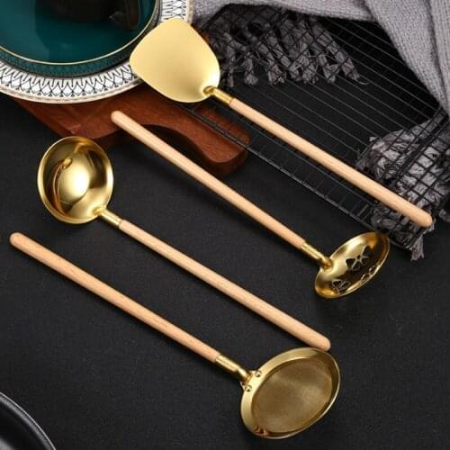 NHBR Kitchen Spatula Small Teppanyaki Spatula with Wooden Handle Soup Spoon Colander Stainless Steel Kitchen Cooking Utensils