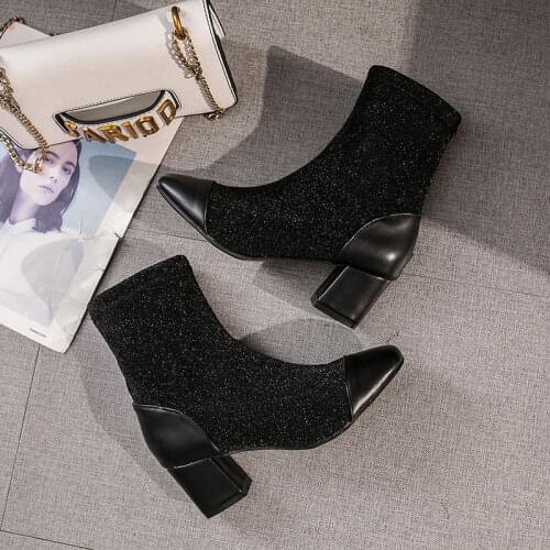 Autumn Winter Women Boots Square Head High Heel Patent Elastic Short Fashion Stretch Lycra Sock Shoes Woman Martin Boots W21-81